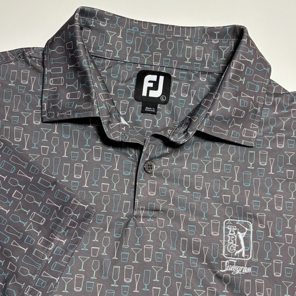 FootJoy FJ TPC Sawgrass Mens L Gray Cocktail Print Performance Golf Polo Shirt